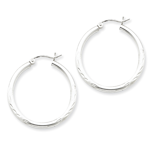 Sterling Silver Rhodium-plated 2.50mm Satin Diamond-cut Hoop Earrings