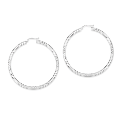 Sterling Silver Rhodium-plated 3.00mm Satin Diamond-cut Hoop Earrings