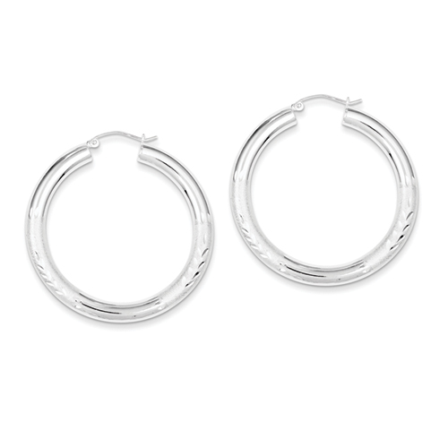 Sterling Silver Rhodium-plated 4mm Satin & Diamond Cut Hoop Earrings