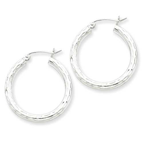 Sterling Silver Rhodium-plated 3mm Diamond-cut Hoop Earrings