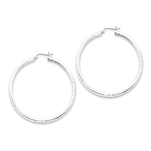 Sterling Silver Rhodium-plated 3mm Diamond-cut Hoop Earrings