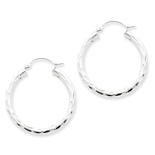 Sterling Silver Diamond-cut Satin Polished Hoop Earrings
