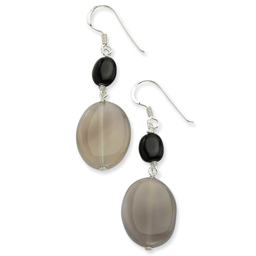 Sterling Silver Grey Sardonyx/Reconstructed Black Stone Earrings