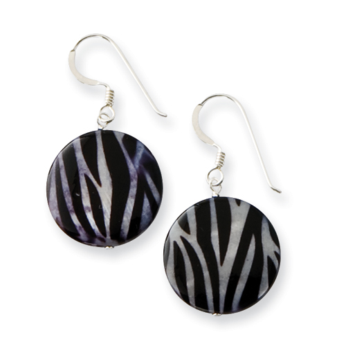 Sterling Silver Small Mother of Pearl Blue Zebra Print Disc Earrings
