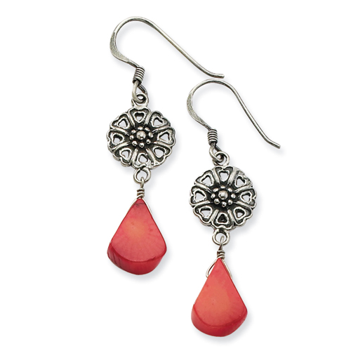Sterling Silver Dyed Red Coral Antiqued Earrings