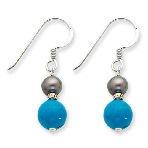 Sterling silver Freshwater Black Cultured Pearl Created Turquoise Dangle Earrings