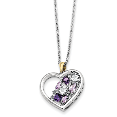 Sterling Silver & 14k Yellow Gold Amethyst Topaz and Diamond Heart Love Necklace