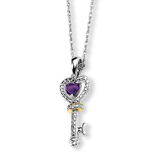 Sterling Silver and 14K Amethyst and Rough Diamond Key Necklace - 17 Inch