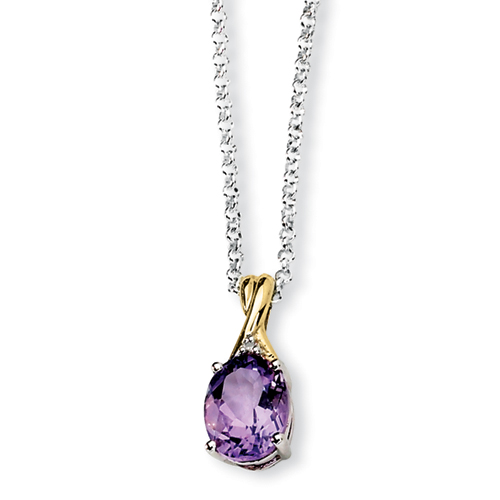 Sterling Silver 18 Inch & 14k Yellow Gold Amethyst & Diamond Necklace