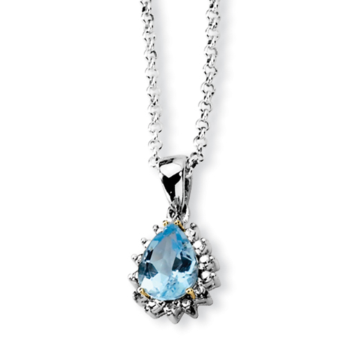 Sterling Silver and 14K Sky Blue Topaz and Rough Diamond Necklace - 18 Inch