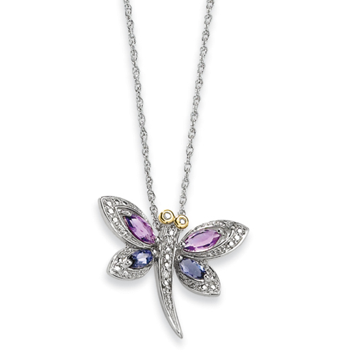 Sterling Silver and 14K Amethyst and Iolite and Rough Diamond Dragonfly Necklace - 17 Inch - Jewelry