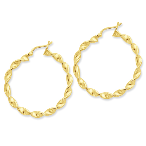 Sterling Silver Gold-flashed Patterned Twist 35mm Hoop Earrings