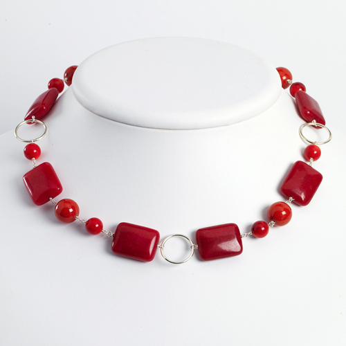 Sterling Silver 18 Inch Red Coral/Red Agate/Red Stone Necklace