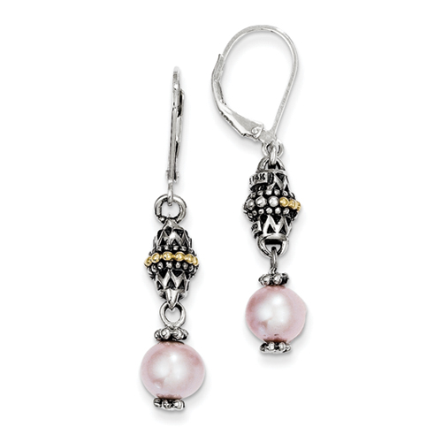 Sterling silver 14k Yellow 8x8.5MM Pink Cult. Pearl Leverback Earrings