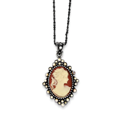 Sterling Silver Crystal Cameo Pendant w/ 16 Inch Chain