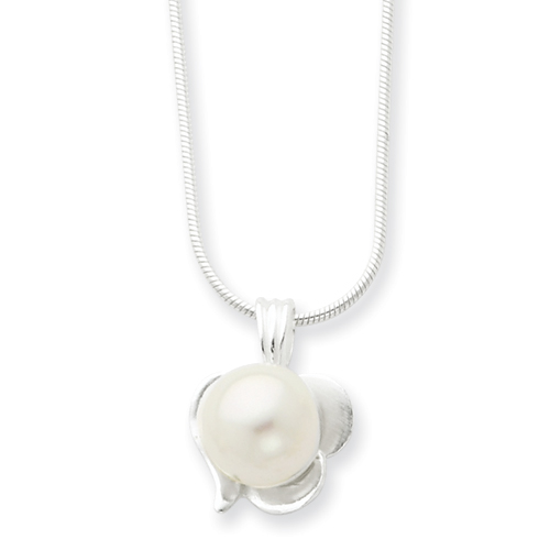 Sterling Silver 16 Inch Simulated Pearl Pendant on Snake Chain