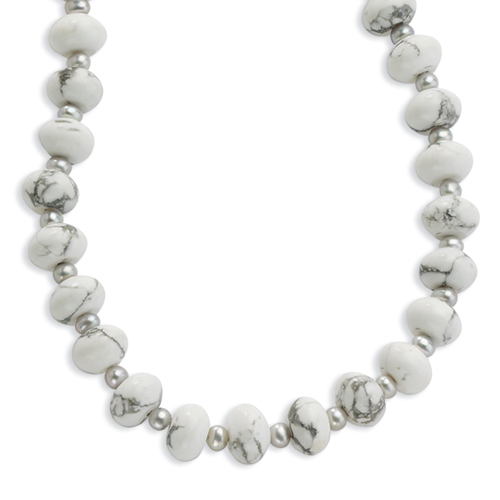 Sterling Silver 18 Inch Howlite/FW Cultured Silver Pearl Necklace