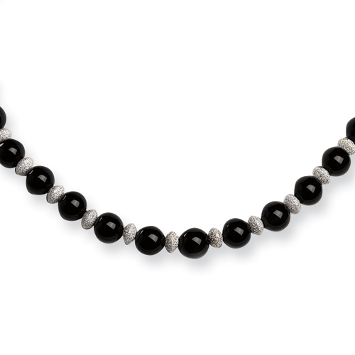 Sterling Silver 18 Inch Rondelles & 10mm Onyx Bead Necklace