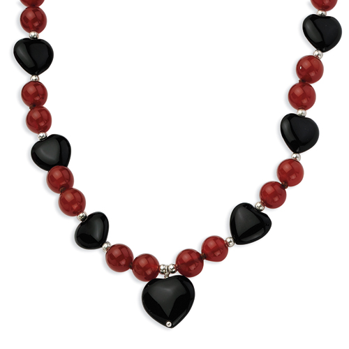 Sterling Silver 16 & 13mm Blk Agate/8.5mm Red Agate Beads Necklace