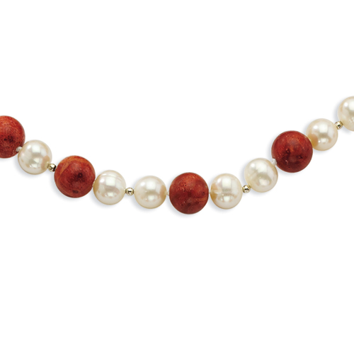 Sterling Silver 2-Freshwater Cultured Pearls & Red Coral Necklace