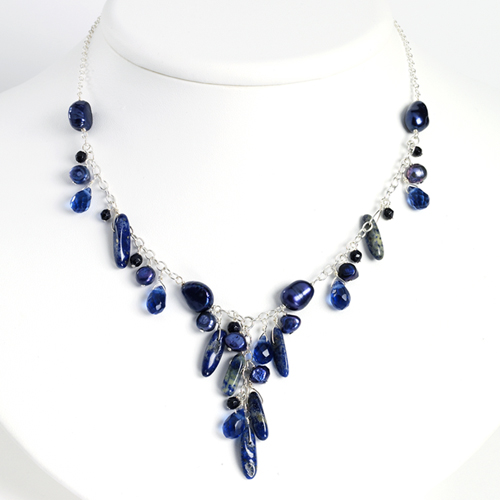 Sterling Silver 16 Inch Blue Sandstone/Dark Blue Cultured Pearl Necklace
