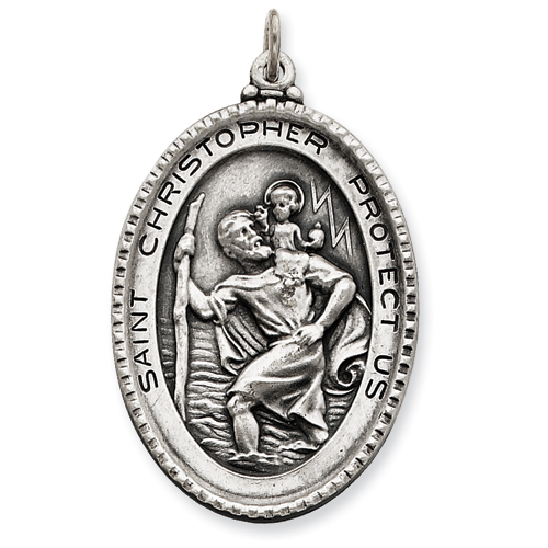 Sterling Silver Antiqued Saint Christopher Medal Pendant