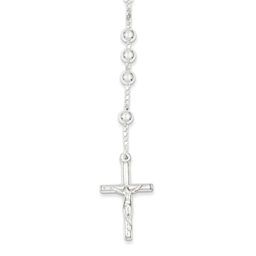 Sterling Silver Polished Rosary Necklace - 18 Inch - Spring Ring