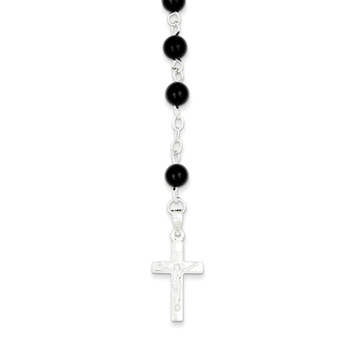 Sterling Silver Black Bead Rosary Necklace - 18 Inch