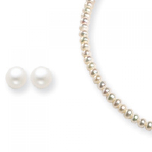 Sterling Silver 6-6.5mm Freshwater Cult. Pearl Earrings & Necklace Set