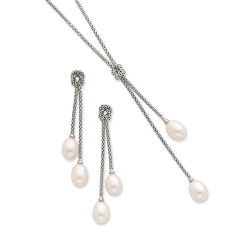 Sterling Silver 18 Inch Freshwater Cultured Pearl Knot Necklace & Earring Set