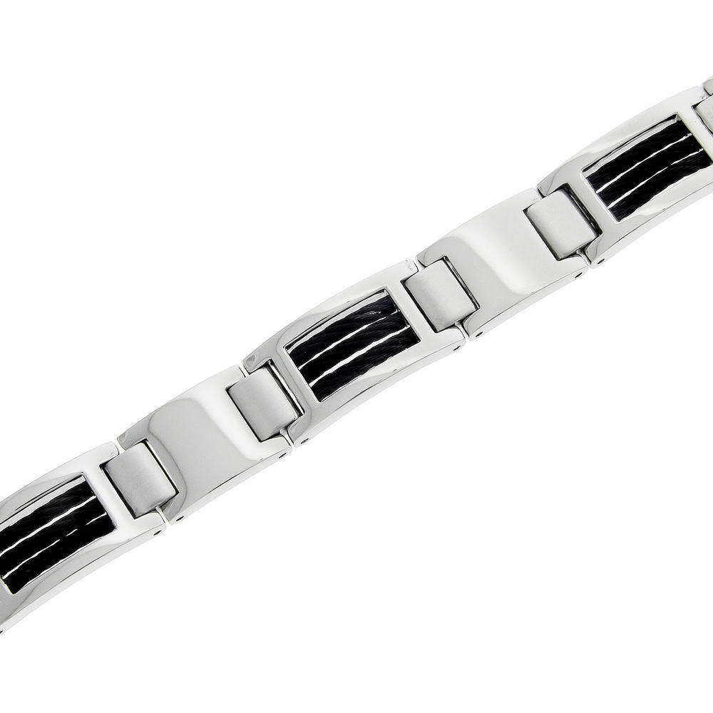 Link Bracelet with Black Cables Inlay in Stainless Steel