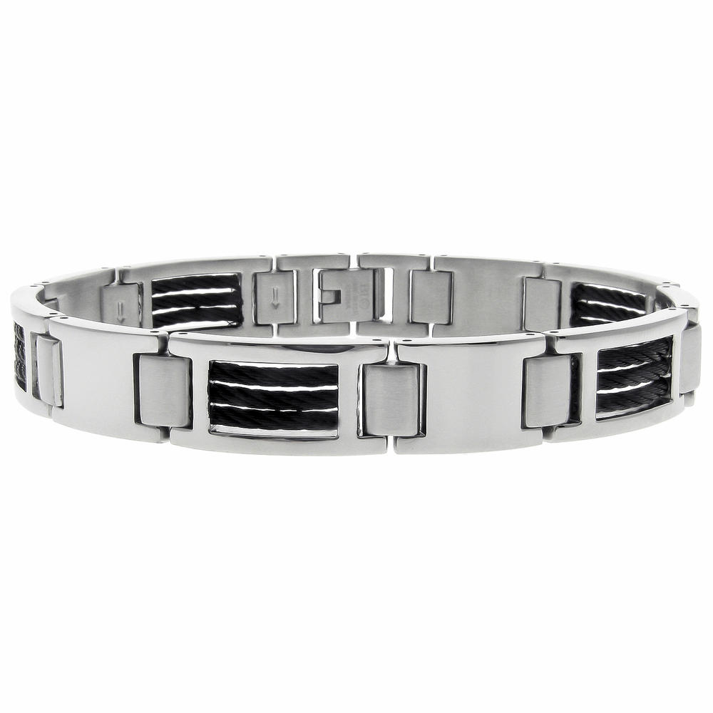 Link Bracelet with Black Cables Inlay in Stainless Steel