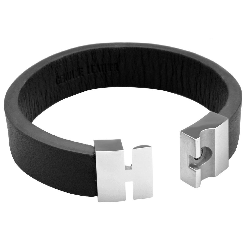 Black Leather Bracelet with Magnetic Lock Stainless Steel