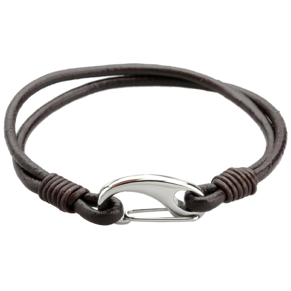 Brown Leather Bracelet with Lobster Clasp in Stainless Steel