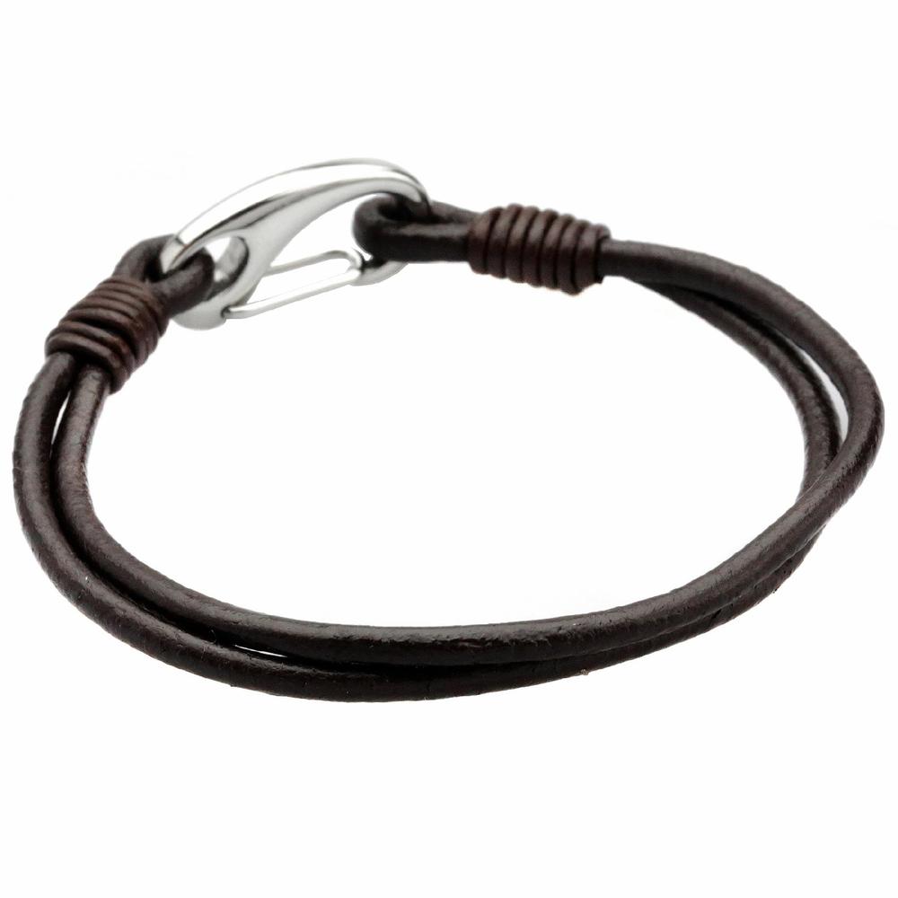 Brown Leather Bracelet with Lobster Clasp in Stainless Steel