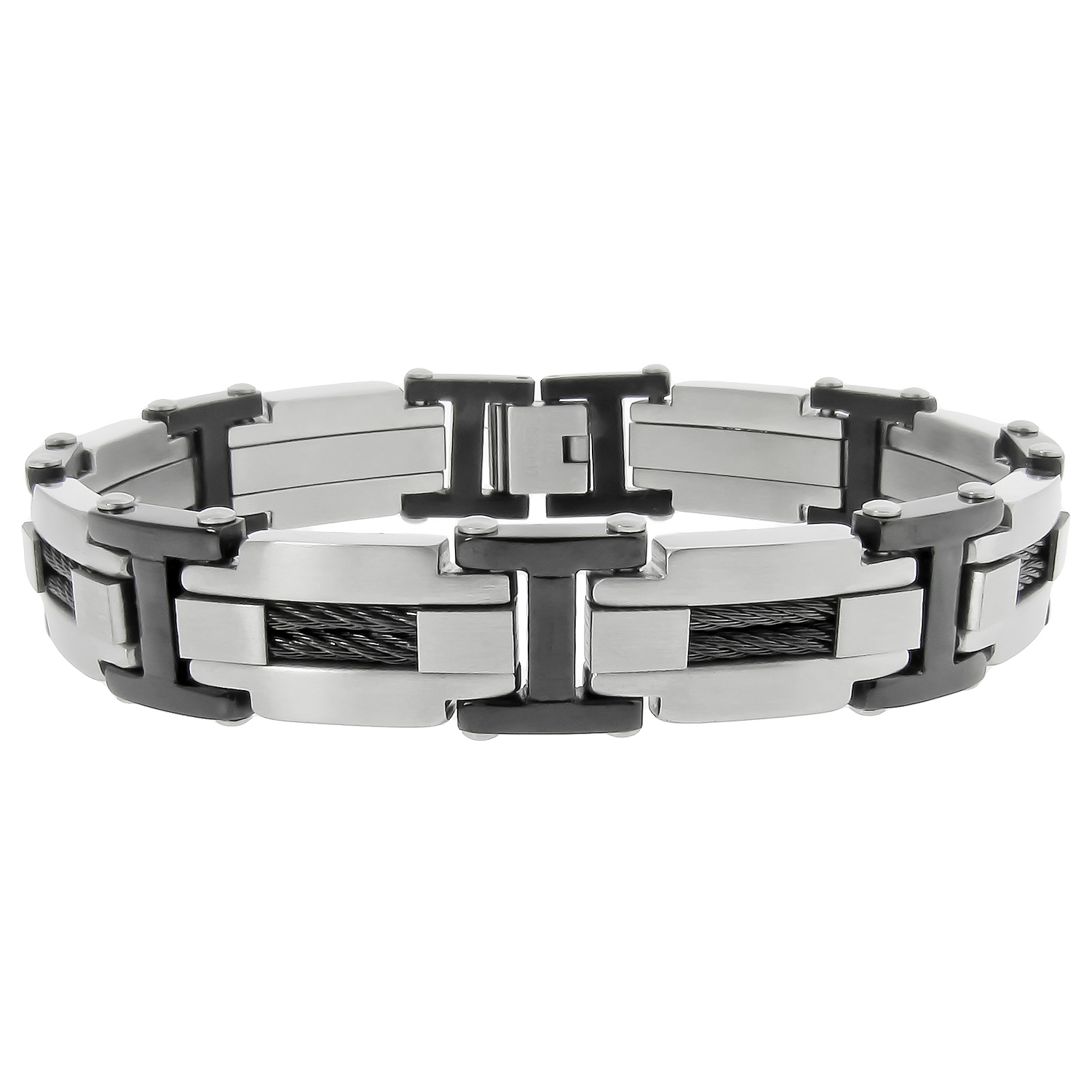 Link Bracelet with Black Ion Plating Highlights and Cables Inlay in Stainless Steel