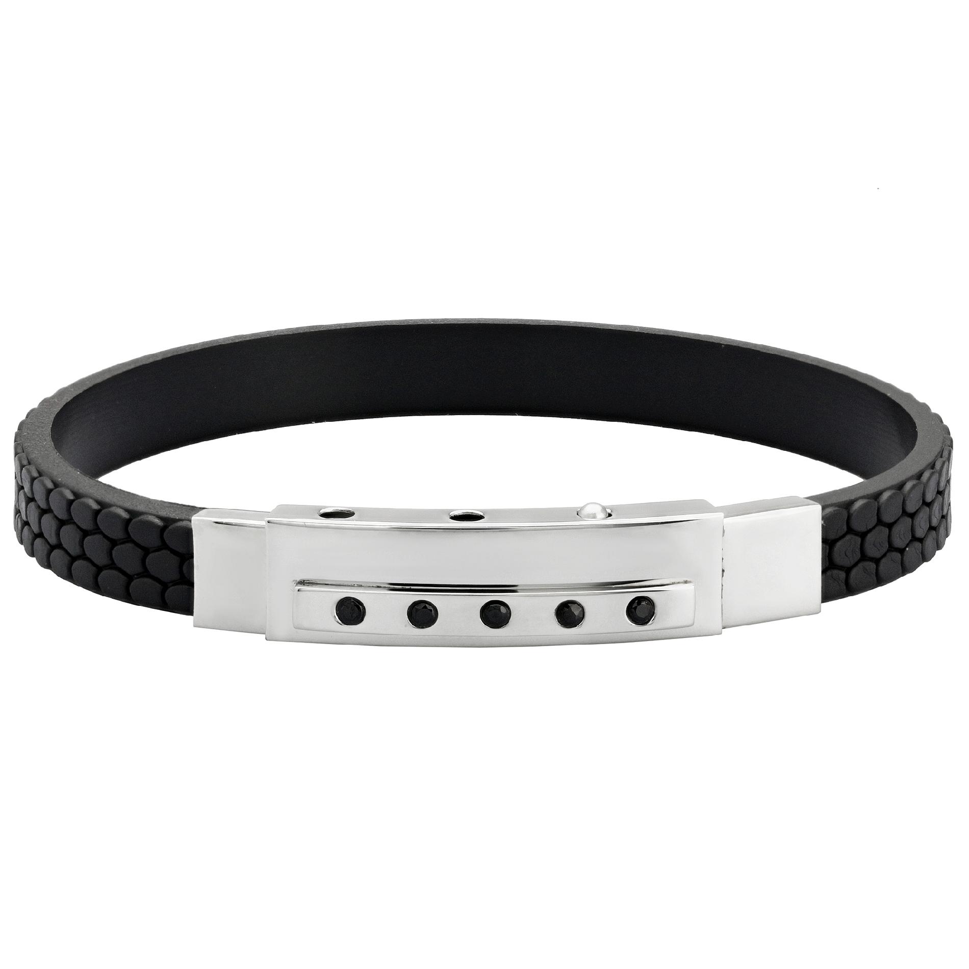 Black Rubber Bracelet with Black Cubic Zirconia and Snap In Closure in Stainless Steel