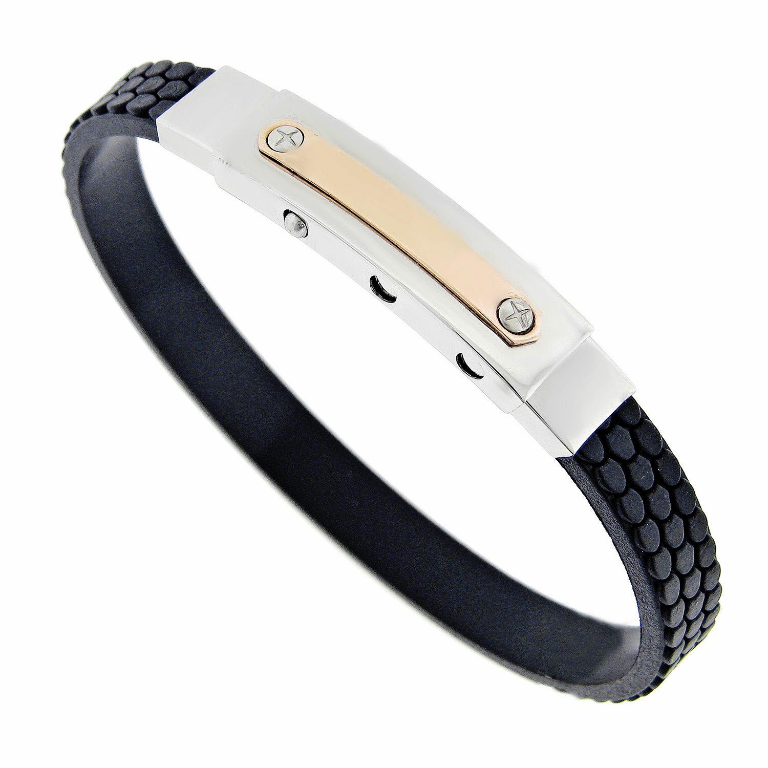 Rubber Bracelet with Rose Ion Plating Accent Stainless Steel