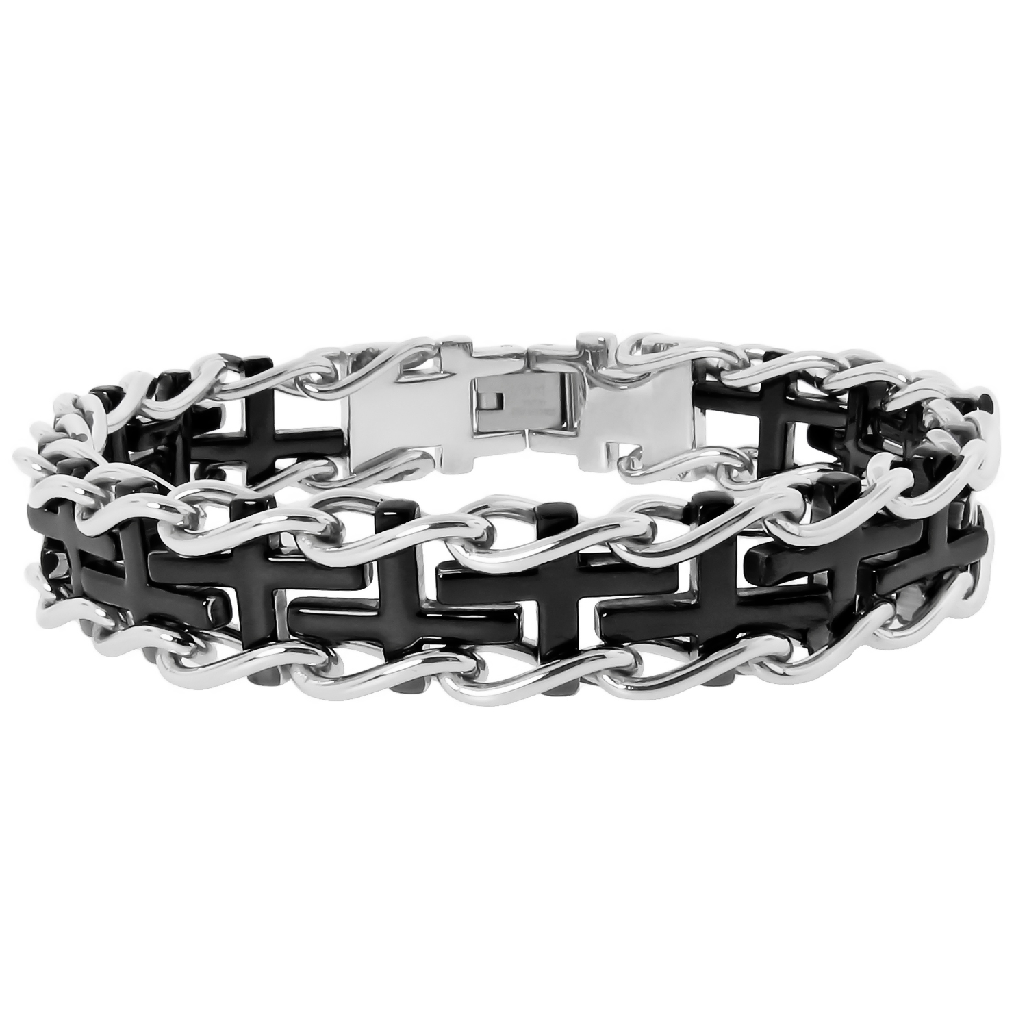 Cross Railroad Bracelet with Black Ion Plating Accents in Stainless Steel
