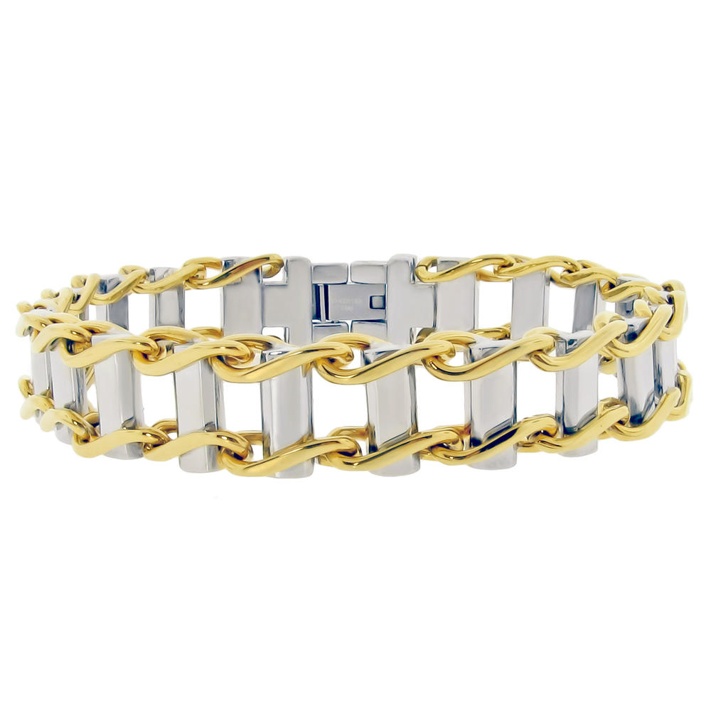 Railroad Bracelet with Gold Ion Plating Accents Edge in Stainless Steel