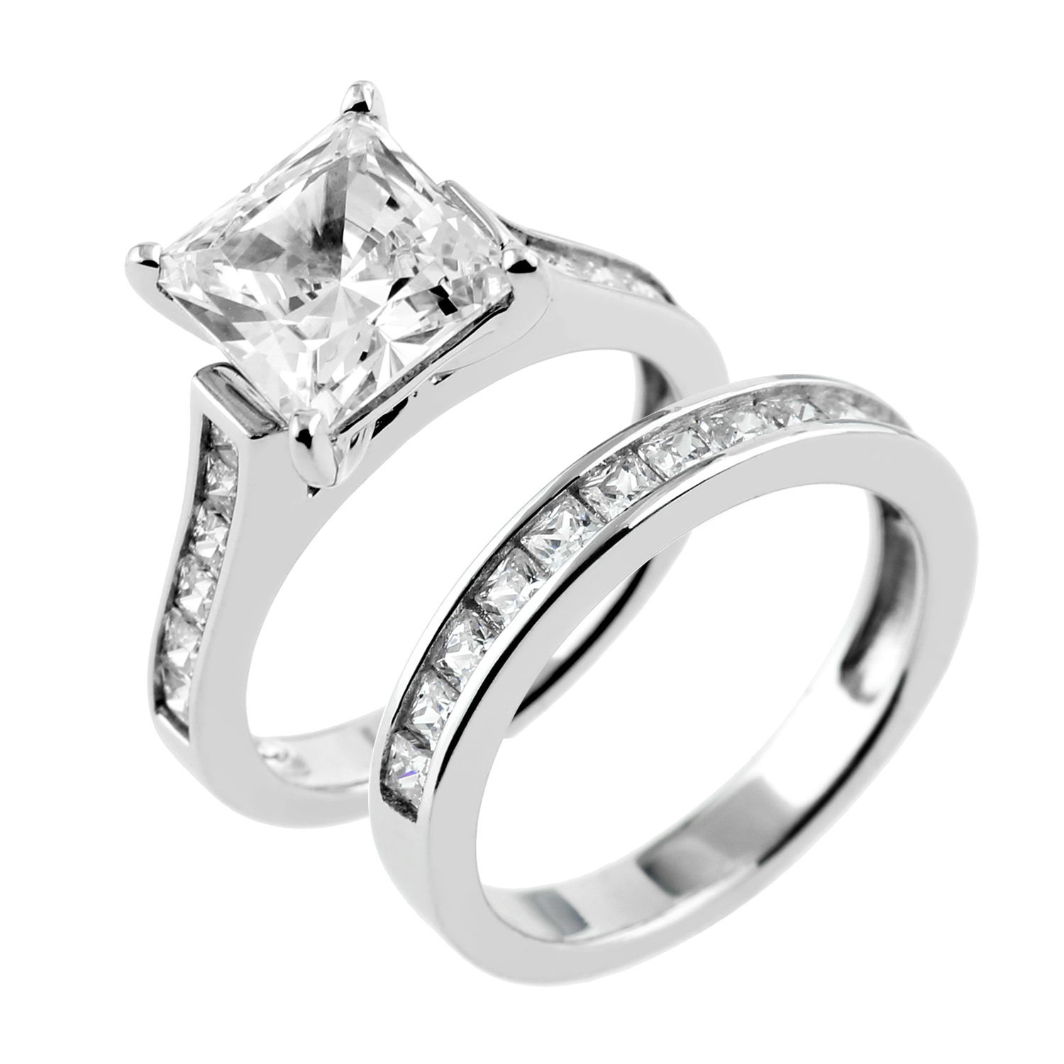 Sterling Silver Cubic Zirconia Square Princess Bridal Set Ring
