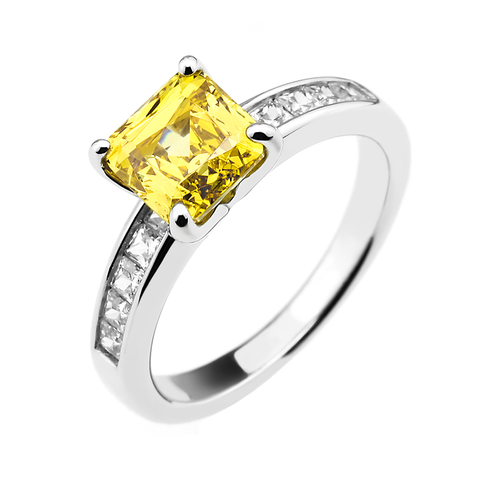 Sterling Silver Cubic Zirconia Yellow Square Princess Cut Ring