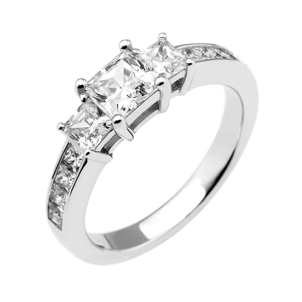 Sterling Silver Cubic Zirconia Square Princess Cut Three Stone Ring