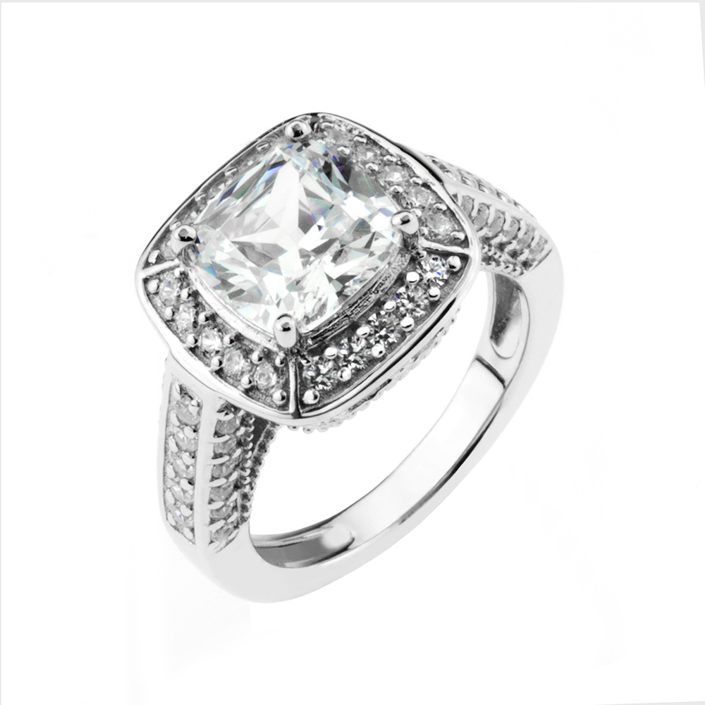 Sterling Silver Cubic Zirconia Square Cut Halo Ring