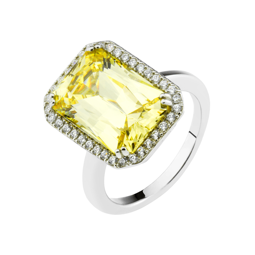 Sterling Silver Cubic Zirconia Yellow Emerald Cut Cocktail Ring
