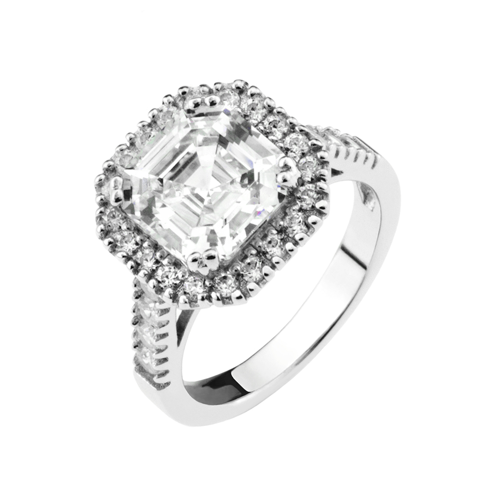 Sterling Silver Cubic Zirconia Square Cut Halo Ring