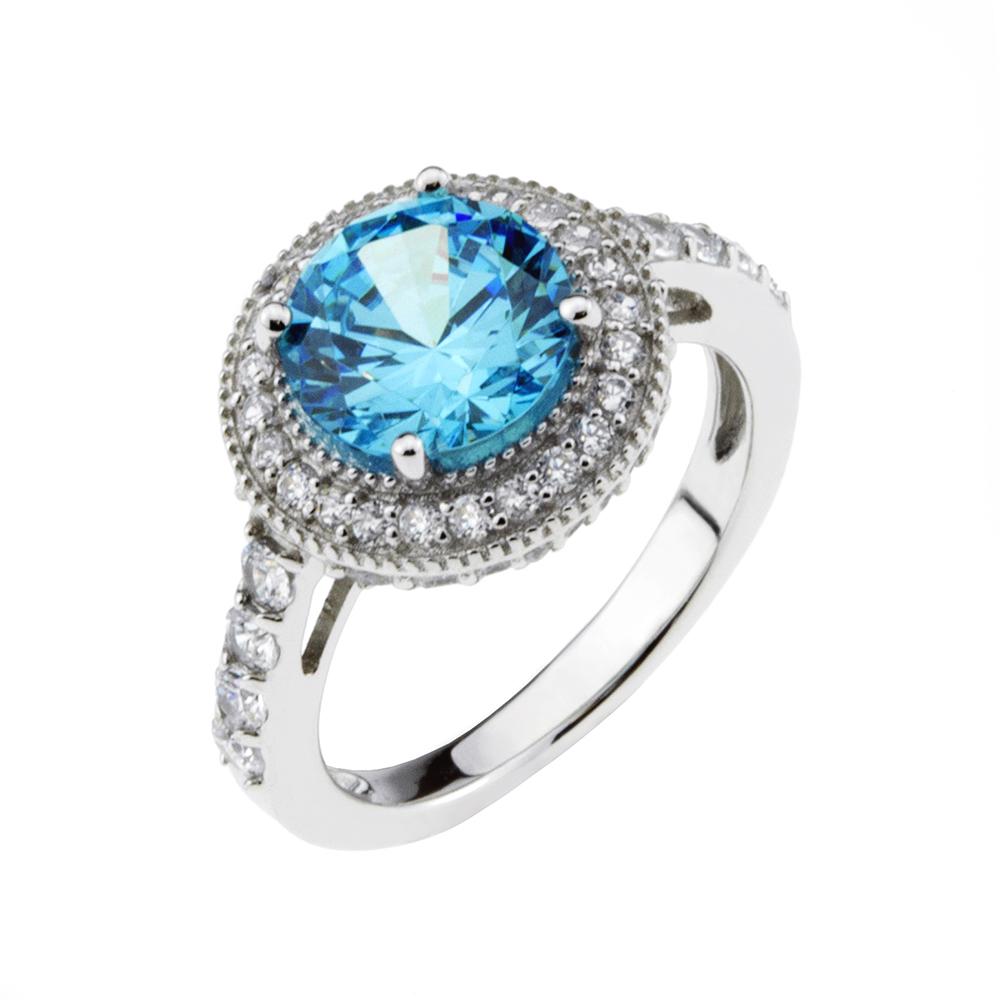 Sterling Silver Cubic Zirconia Blue Round Cut Halo Ring