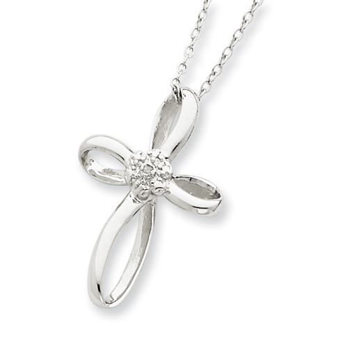 Sterling Silver Cross Rough Diamond Necklace - 18 Inch Chain - 0.01 cwt - Spring Ring - JewelryWeb
