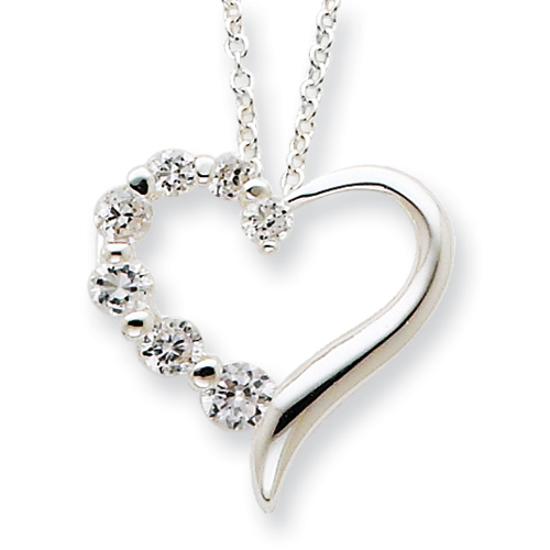 Sterling Silver CZ Heart Journey Necklace - 18 Inch - Spring Ring