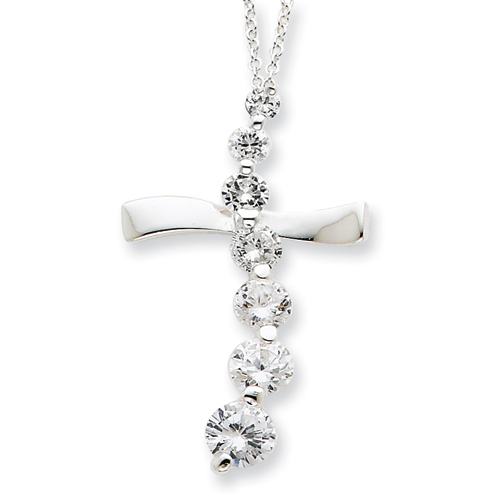 Sterling Silver CZ Cross Journey Necklace - 18 Inch - Spring Ring